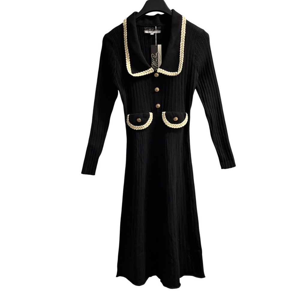 Dalia MacPhee Dress Womens XL Black Ribbed Sweater Knit Gold Rope Trim Old Money